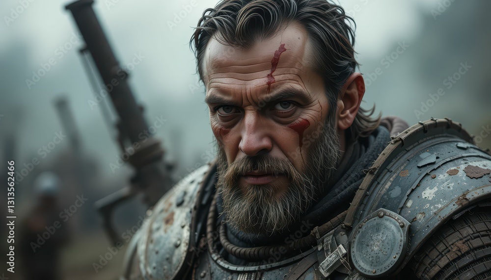 Fototapeta premium Intense Warrior Portrait with Battle Scars and Historical Armor