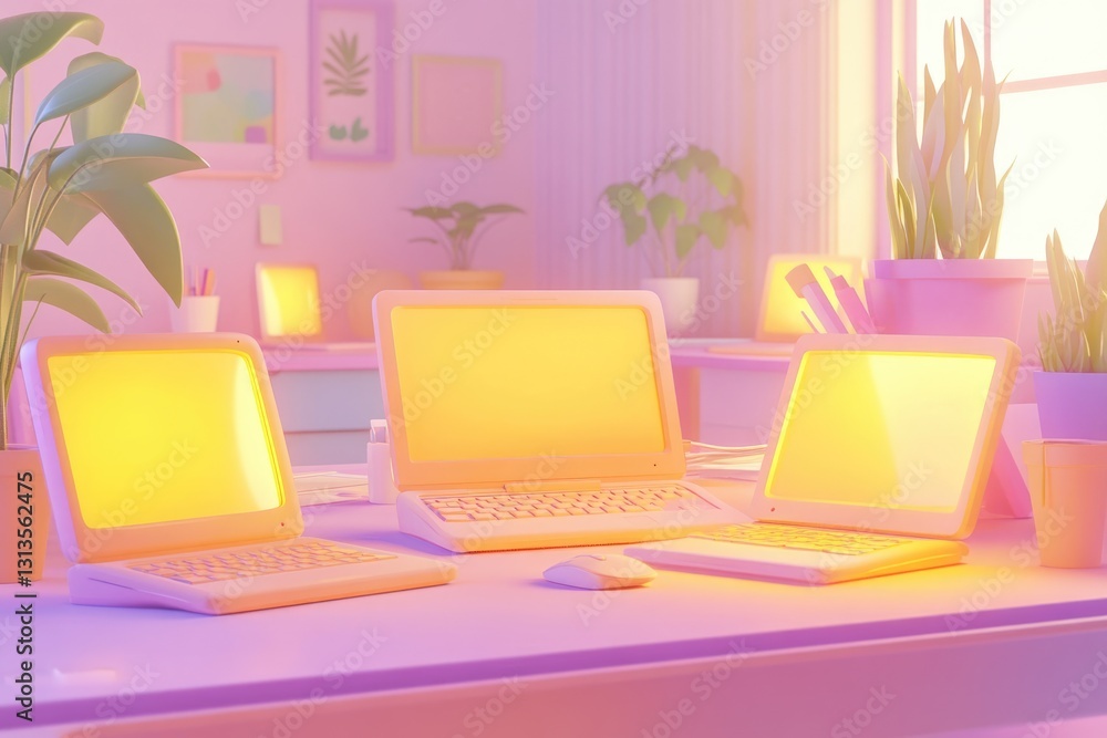 Fototapeta premium Pastel-colored workspace with three laptops, plants, and warm lighting creates a calm and productive atmosphere.