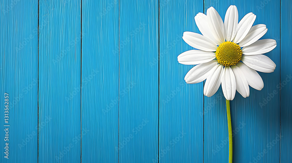 Obraz premium White Daisy on Weathered Blue Wood Background
