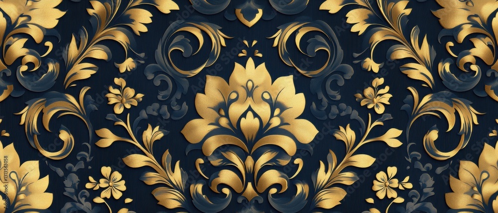 Elegant Floral Pattern with Gold Elements on Dark Background for Interior Design, Textiles, and Vintage Aesthetic Visuals Elegant Floral Pattern with Gold Elements on Dark Background for Interior Design, Textiles, and Vintage Aesthetic Visuals