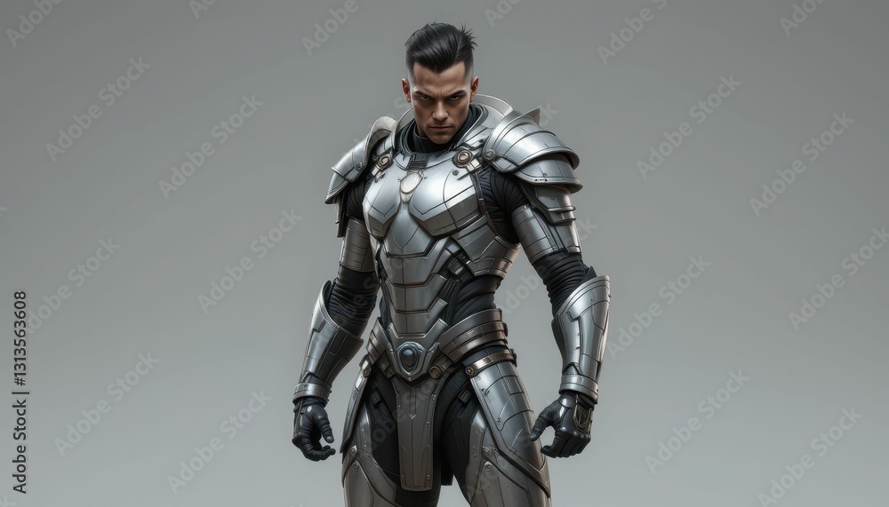 Futuristic Armored Character in Sleek Metallic Suit Standing Proud Futuristic Armored Character in Sleek Metallic Suit Standing Proud