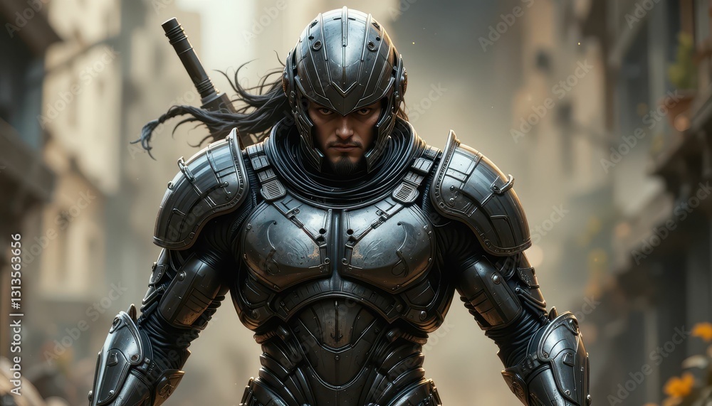 Futuristic Warrior in Metallic Armor Stands Strong in Urban Setting Futuristic Warrior in Metallic Armor Stands Strong in Urban Setting