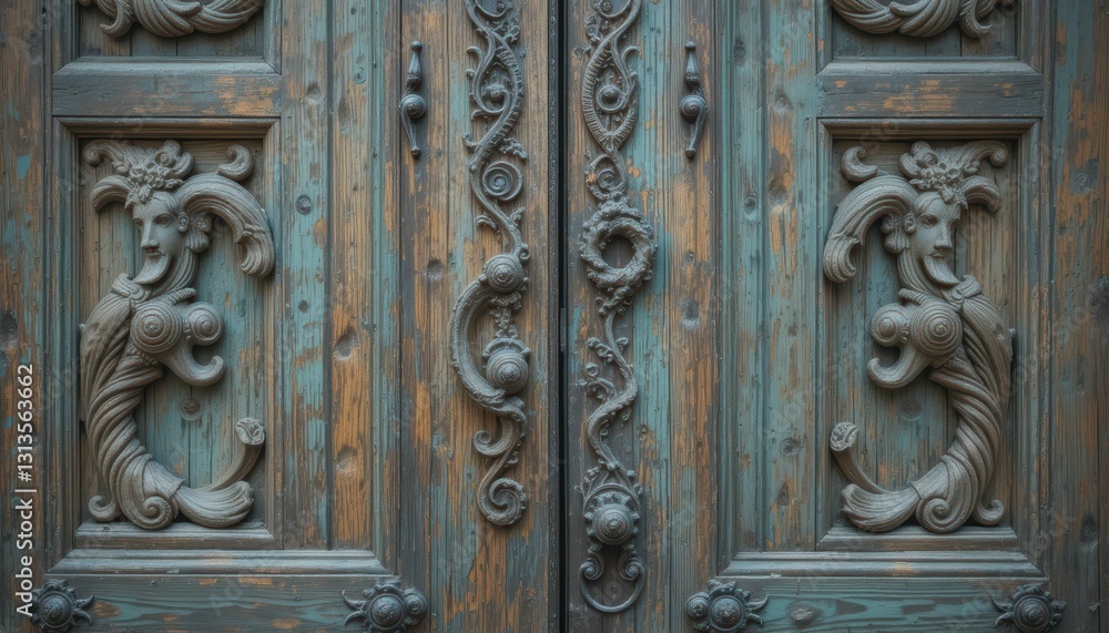 Ornate wooden door with intricate carvings and weathered textures Ornate wooden door with intricate carvings and weathered textures