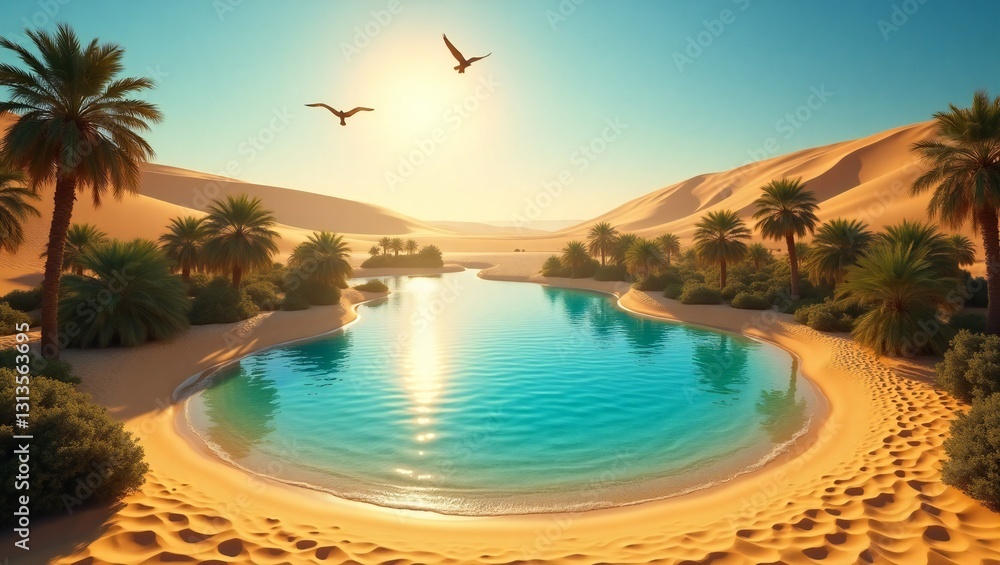 Stunning Desert Oasis with Palm Trees Under Bright Sunlight – Idyllic Summer Background Scene Stunning Desert Oasis with Palm Trees Under Bright Sunlight – Idyllic Summer Background Scene