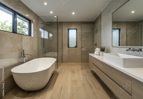 Wallpaper Mural Modern bathroom interior featuring a freestanding bathtub, wooden cabinetry, and sleek fixtures surrounded by elegant stone tiles and natural light Torontodigital.ca