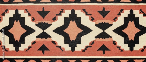 Geometric textile design featuring tribal patterns in earthy tones and contrasting black outlines, ideal for home decor and design inspiration