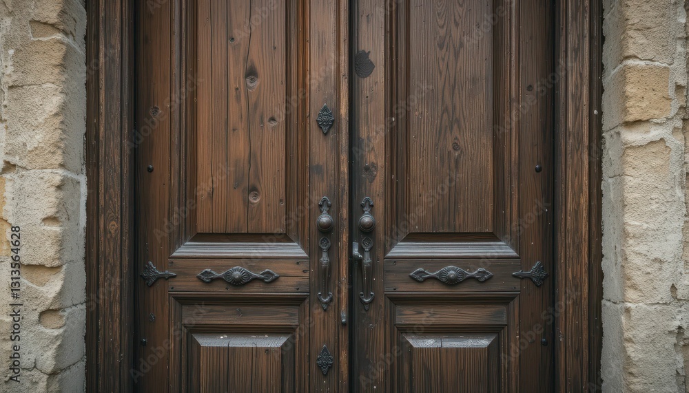 Fototapeta premium Rustic Wooden Door with Vintage Hardware in Stone Wall Setting