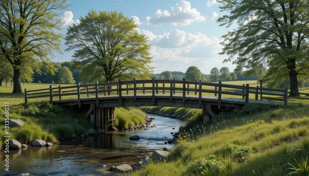 Serene Landscape with Wooden Bridge Over Gentle Stream and Trees Serene Landscape with Wooden Bridge Over Gentle Stream and Trees