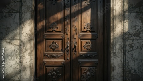 Elegant wooden door with intricate designs and soft sunlight shadows