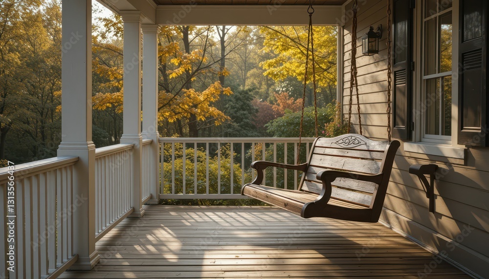 Cozy wooden porch swing surrounded by autumn foliage and sunlight Cozy wooden porch swing surrounded by autumn foliage and sunlight
