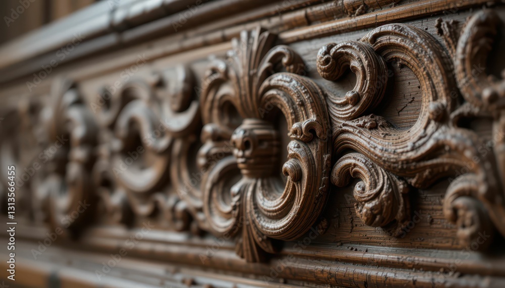 Intricate Wooden Carving Detail with Floral and Swirl Patterns Intricate Wooden Carving Detail with Floral and Swirl Patterns