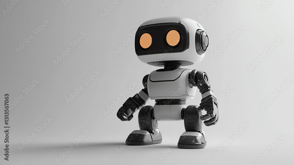 A cute, miniature robot with glowing eyes stands against a simple backdrop. The robot showcases modern design and is ideal for illustrating concepts of innovation and robotics. A cute, miniature robot with glowing eyes stands against a simple backdrop. The robot showcases modern design and is ideal for illustrating concepts of innovation and robotics.