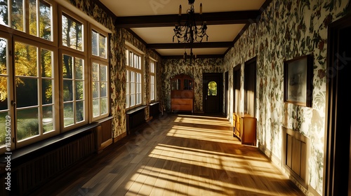 Wallpaper Mural Sunlit Autumn Hallway: Interior Photography of a Vintage Home AI Generated Torontodigital.ca