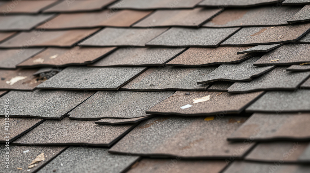A close-up of damaged asbestos-containing shingles with visible wear and tear – Generative AI A close-up of damaged asbestos-containing shingles with visible wear and tear – Generative AI