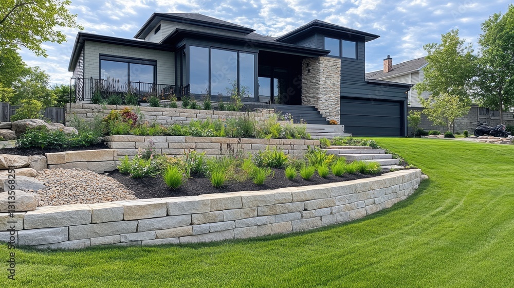 Fototapeta premium Modern house with tiered garden & retaining walls. Showcase stunning landscaping design, ideal for real estate or architecture.