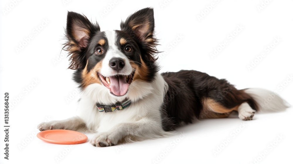 Happy tricolor dog lying down with a frisbee. Happy tricolor dog lying down with a frisbee.