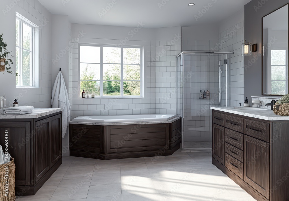 Modern Bathroom Interior Featuring Elegant Bathtub, Walk-In Shower, Stylish Cabinets, and Natural Light from Large Windows Modern Bathroom Interior Featuring Elegant Bathtub, Walk-In Shower, Stylish Cabinets, and Natural Light from Large Windows