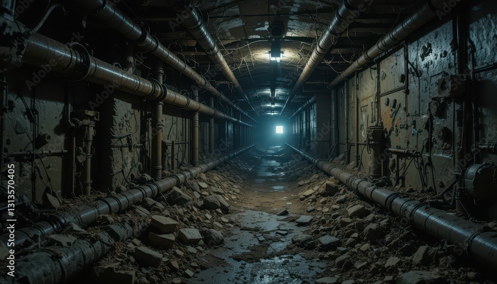 Abandoned Underground Tunnel with Pipes and Dim Light Source Abandoned Underground Tunnel with Pipes and Dim Light Source