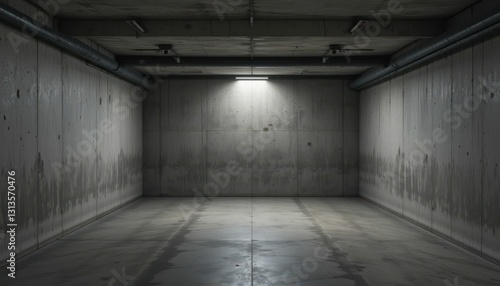 Empty Industrial Room with Concrete Walls and Ceiling Light Source