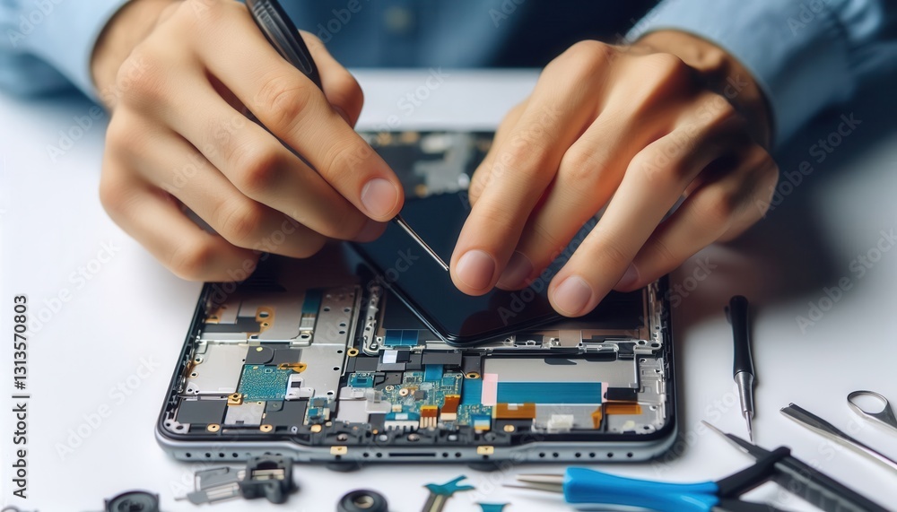 Hands repairing a tablet device on a workbench electronics indoor close-up technology Hands repairing a tablet device on a workbench electronics indoor close-up technology