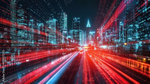 NYC Cityscape at Night with Fast Moving Cars  Data Streams in Motion