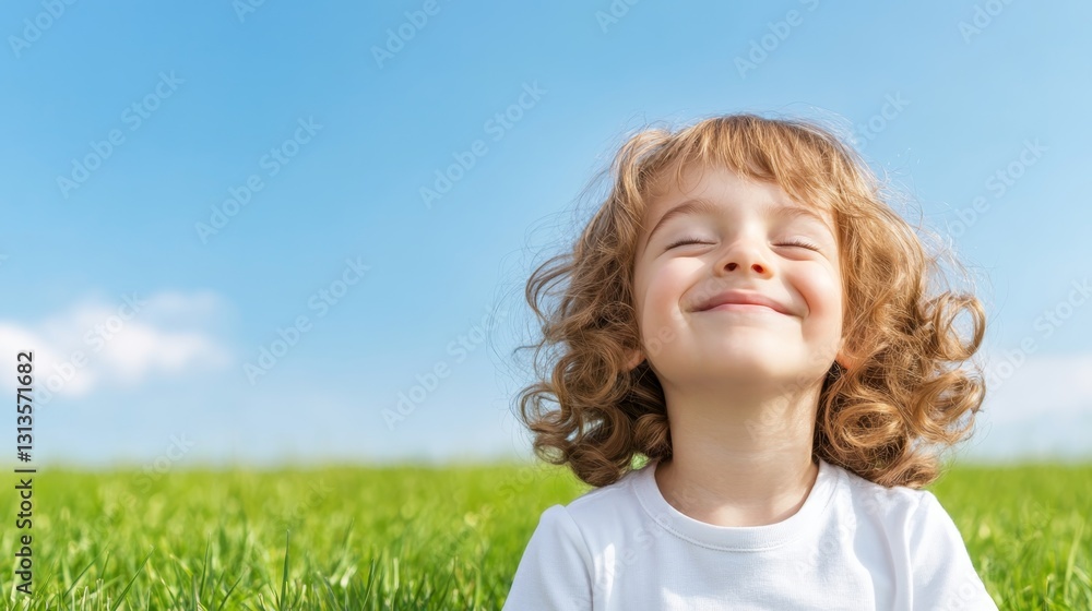 Joyful child enjoying a sunny day outdoors in a green field with a clear blue sky Joyful child enjoying a sunny day outdoors in a green field with a clear blue sky