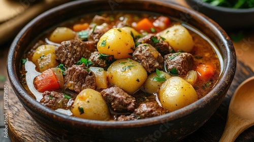Hearty beef stew with tender potatoes and vegetables served in a rustic wooden bowl on a wooden table