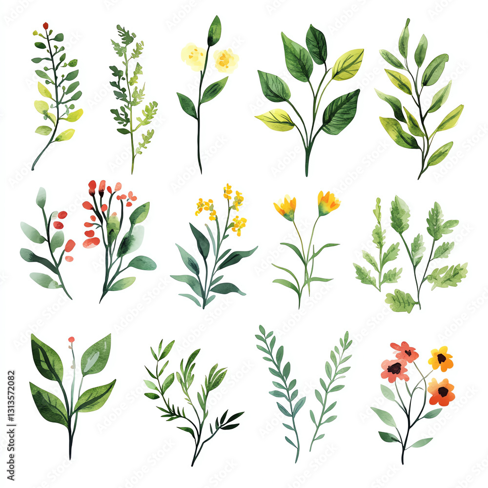 A vibrant collection of hand-painted botanical illustrations featuring various leaves and flowers, showcasing the beauty of nature in a colorful and artistic way. A vibrant collection of hand-painted botanical illustrations featuring various leaves and flowers, showcasing the beauty of nature in a colorful and artistic way.