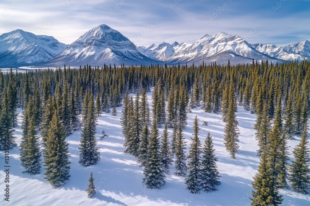 Pine trees covered in snow with mountain backdrop Pine trees covered in snow with mountain backdrop