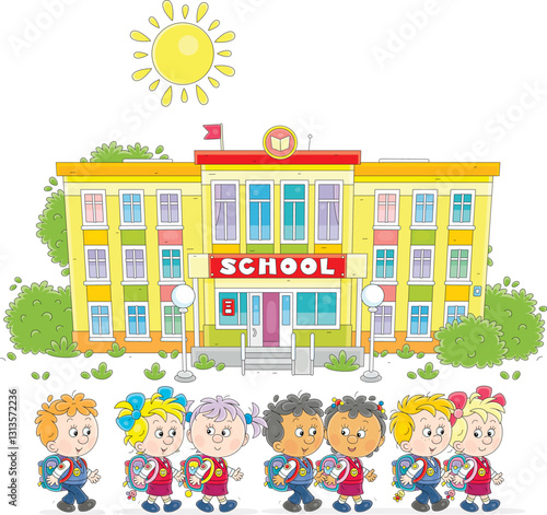 Happy little schoolboys and schoolgirls with schoolbags going to their pretty school on a sunny morning, vector cartoon illustration on a white background