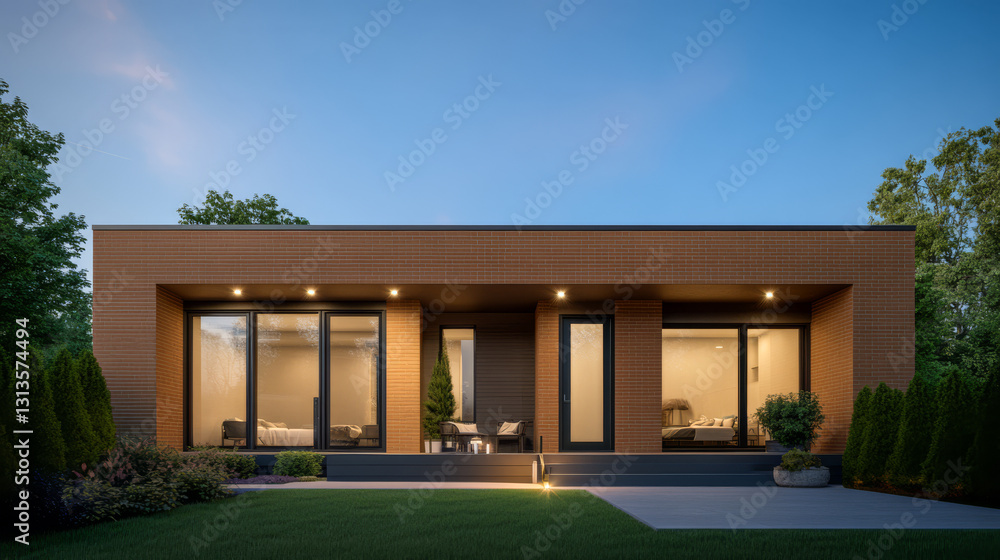Modern architecture featuring a sleek and minimalist house at dusk Modern architecture featuring a sleek and minimalist house at dusk
