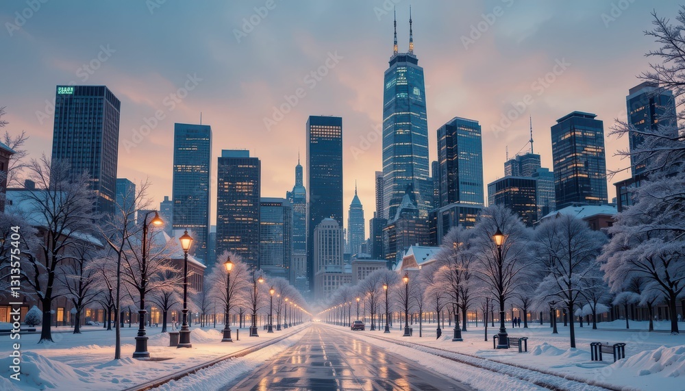 Fototapeta premium Serene Winter Cityscape with Snow-Covered Streets at Dusk