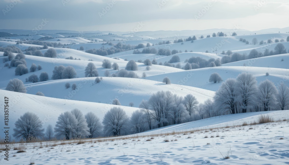 Serene Winter Landscape with Snow-Covered Rolling Hills and Trees Serene Winter Landscape with Snow-Covered Rolling Hills and Trees