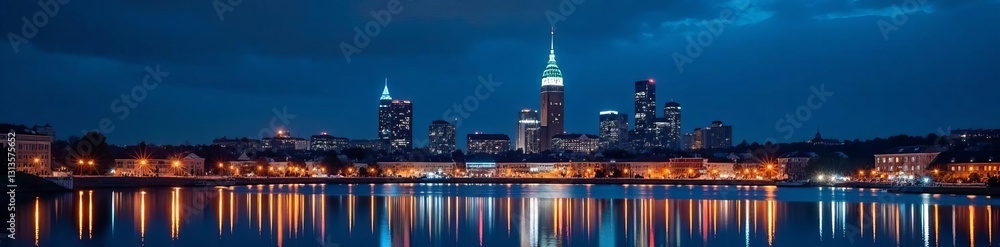 Majestic skyline of illuminated Swedish city at night with modern architecture, cityscape, downtown Majestic skyline of illuminated Swedish city at night with modern architecture, cityscape, downtown