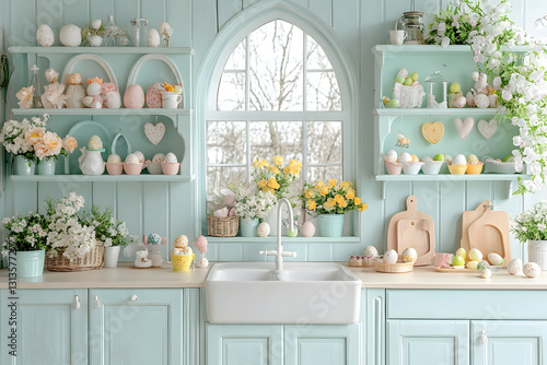 A serene kitchen adorned with pastel decorations, fresh flowers, and colorful Easter eggs, celebrating the essence of spring.