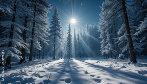 Serene Winter Forest with Snow, Sunlight, and Tall Pine Trees