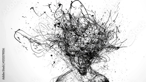 Abstract style picture of exploding particle scatter around express emotional state of human mind. Burst effect of dust represent psychological meaning convey sense of sadness and suffering. AIG53.