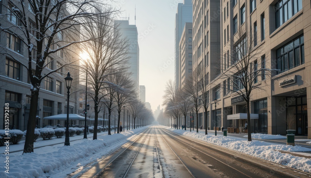 Quiet Urban Street in Winter with Snow and Sunlight at Dawn Quiet Urban Street in Winter with Snow and Sunlight at Dawn