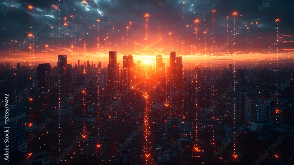Thriving Financial District with Glowing Sunrise and Connected Skyscrapers Thriving Financial District with Glowing Sunrise and Connected Skyscrapers