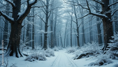 Snowy Forest Pathway in a Tranquil Winter Landscape