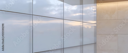 Modern architectural design showcasing large glass panels at sunset