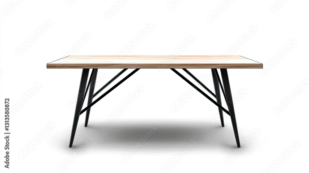 Modern minimalist wooden table with black metal legs isolated on white background. Modern minimalist wooden table with black metal legs isolated on white background.