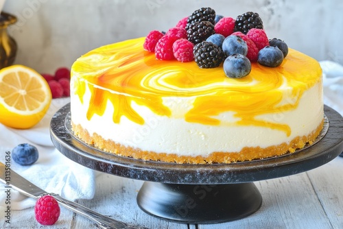 Delicious cheesecake topped with vibrant fruit and tangy swirls on a rustic table