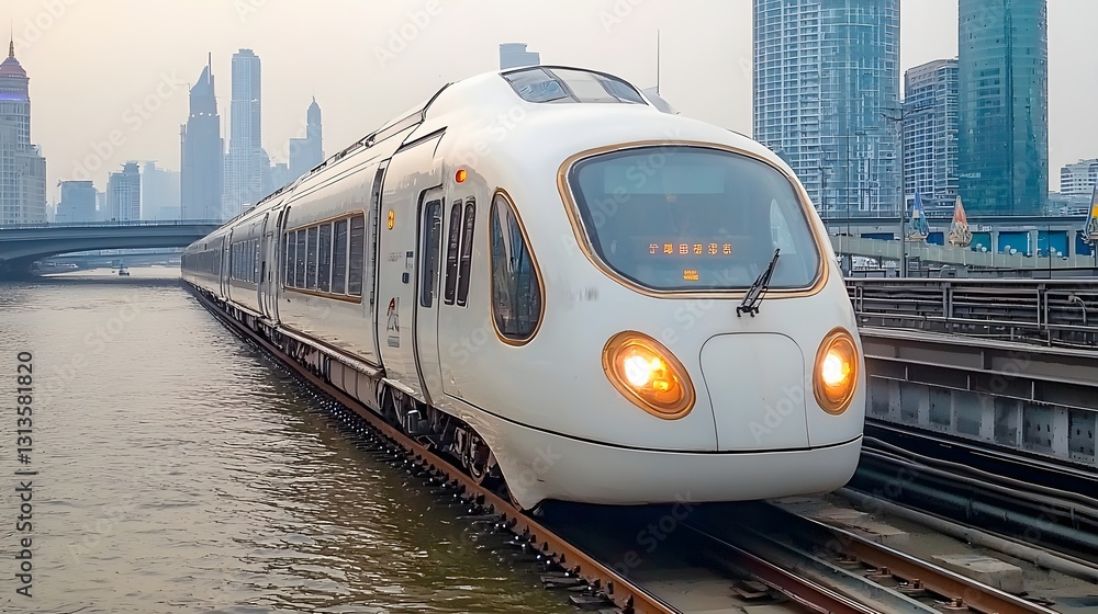 Naklejka premium White High Speed Train by City Waterway Modern Cityscape