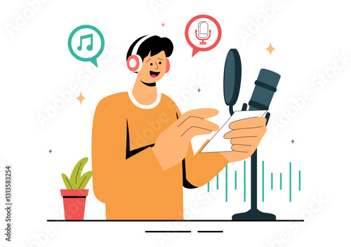 Voice Acting Vector Illustration featuring a Movie Production Cast Member Performing Voice Acting for a Film Scene, Dubbing a Film, or a TV Series