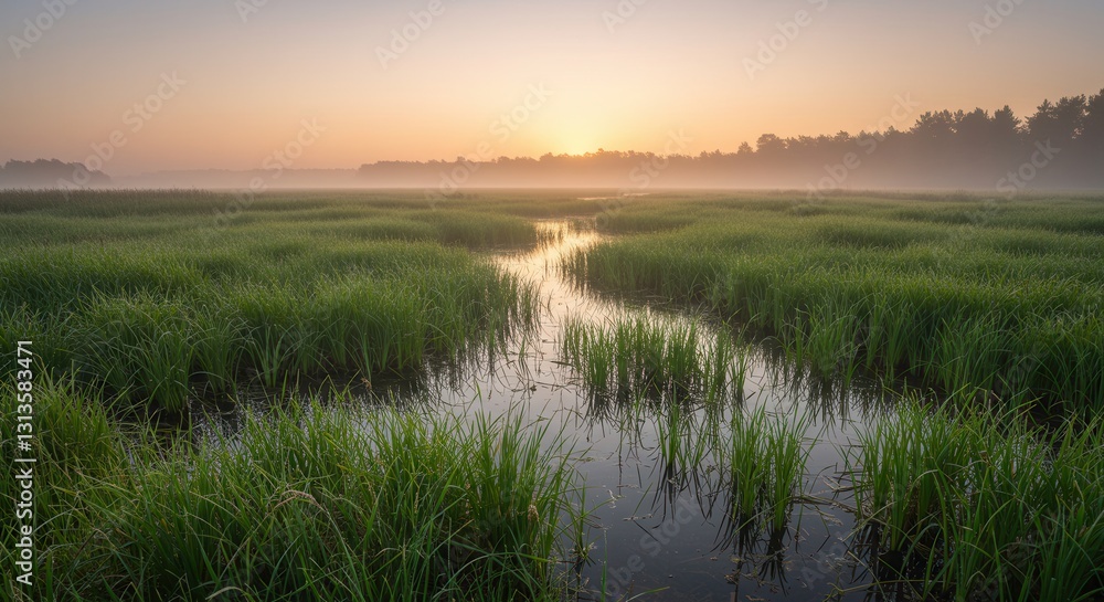 Sunrise Over Marshland with Green Grass and Water Channels Landscape Sunrise Over Marshland with Green Grass and Water Channels Landscape