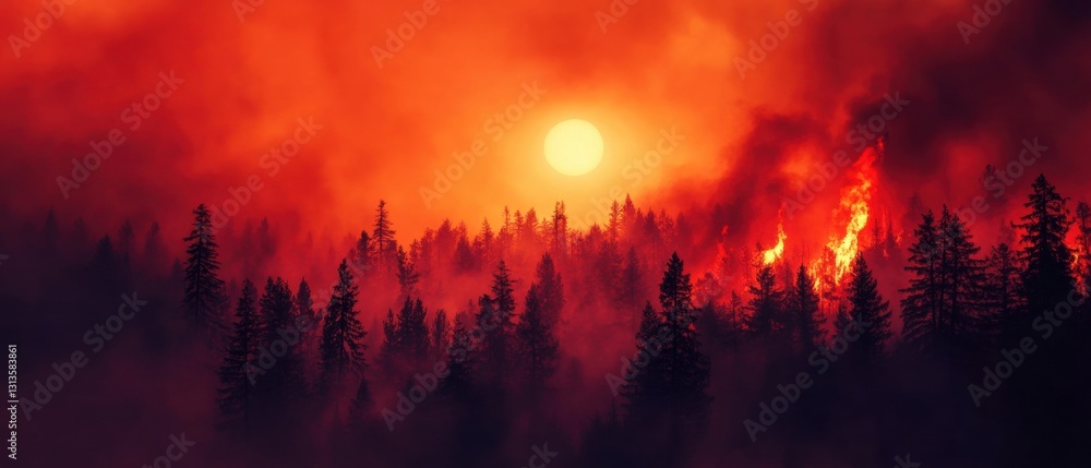 Dramatic Sunset Over Forest Fire with Emphasis on Intense Colors and Smoky Atmosphere in a Stunning Natural Landscape Dramatic Sunset Over Forest Fire with Emphasis on Intense Colors and Smoky Atmosphere in a Stunning Natural Landscape