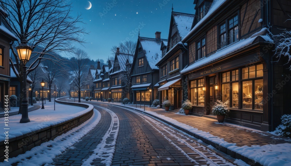 Serene Winter Night in a Charming Snow-Covered Village Street Serene Winter Night in a Charming Snow-Covered Village Street