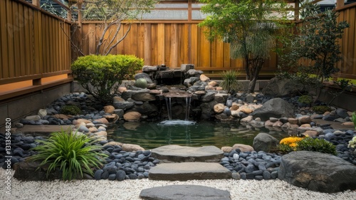 Serene Zen Garden Waterfall Pond with Stepping Stones Landscaping Design