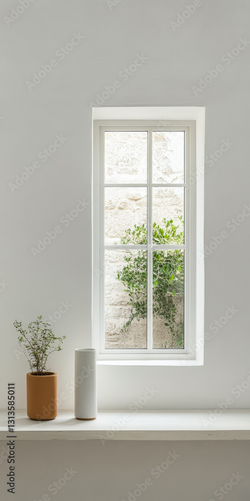 Light streaming through a modern window with a potted plant on the sill in a minimalist space Light streaming through a modern window with a potted plant on the sill in a minimalist space